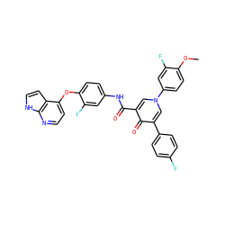 COc1ccc(-n2cc(C(=O)Nc3ccc(Oc4ccnc5[nH]ccc45)c(F)c3)c(=O)c(-c3ccc(F)cc3)c2)cc1F ZINC000042807193