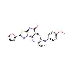 COc1ccc(-n2cccc2/C=C2\C(=N)N3N=C(c4ccco4)SC3=NC2=O)cc1 ZINC000013660080