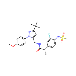 COc1ccc(-n2nc(C(C)(C)C)cc2CNC(=O)[C@@H](C)c2ccc(NS(C)(=O)=O)c(F)c2)cc1 ZINC000113482677