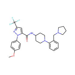 COc1ccc(-n2nc(C(F)(F)F)cc2C(=O)NC2CCN(c3ccccc3CN3CCCC3)CC2)cc1 ZINC000014969612
