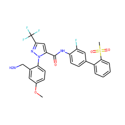 COc1ccc(-n2nc(C(F)(F)F)cc2C(=O)Nc2ccc(-c3ccccc3S(C)(=O)=O)cc2F)c(CN)c1 ZINC000027561729