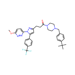COc1ccc(-n2nc(CCC(=O)N3CCN(Cc4ccc(C(C)(C)C)cc4)CC3)cc2-c2ccc(C(F)(F)F)cc2)nn1 ZINC000072121435