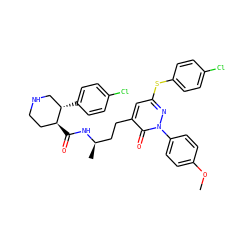 COc1ccc(-n2nc(Sc3ccc(Cl)cc3)cc(CC[C@@H](C)NC(=O)[C@H]3CCNC[C@@H]3c3ccc(Cl)cc3)c2=O)cc1 ZINC000028462842