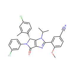 COc1ccc(C#N)cc1-c1nc2c(n1C(C)C)[C@@H](c1ccc(Cl)cc1C)N(c1cccc(Cl)c1)C2=O ZINC000169705733