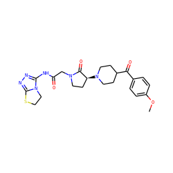 COc1ccc(C(=O)C2CCN([C@H]3CCN(CC(=O)Nc4nnc5n4CCS5)C3=O)CC2)cc1 ZINC000207768612