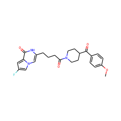 COc1ccc(C(=O)C2CCN(C(=O)CCCc3cn4cc(F)cc4c(=O)[nH]3)CC2)cc1 ZINC000653905728