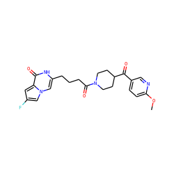 COc1ccc(C(=O)C2CCN(C(=O)CCCc3cn4cc(F)cc4c(=O)[nH]3)CC2)cn1 ZINC000653905794