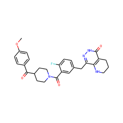 COc1ccc(C(=O)C2CCN(C(=O)c3cc(Cc4n[nH]c(=O)c5c4NCCC5)ccc3F)CC2)cc1 ZINC000146841341