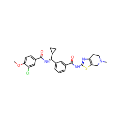 COc1ccc(C(=O)N[C@@H](c2cccc(C(=O)Nc3nc4c(s3)CN(C)CC4)c2)C2CC2)cc1Cl ZINC000141654615