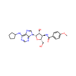 COc1ccc(C(=O)N[C@H]2[C@H](CO)O[C@H](n3cnc4c(NC5CCCC5)ncnc43)[C@@H]2O)cc1 ZINC000036273318