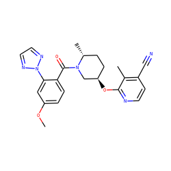 COc1ccc(C(=O)N2C[C@H](Oc3nccc(C#N)c3C)CC[C@H]2C)c(-n2nccn2)c1 ZINC000143428099