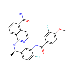 COc1ccc(C(=O)Nc2cc([C@@H](C)Nc3nccc4c(C(N)=O)cccc34)ccc2F)cc1F ZINC000166953020