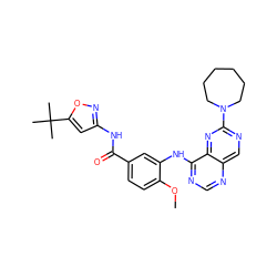 COc1ccc(C(=O)Nc2cc(C(C)(C)C)on2)cc1Nc1ncnc2cnc(N3CCCCCC3)nc12 ZINC000148090734