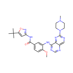 COc1ccc(C(=O)Nc2cc(C(C)(C)C)on2)cc1Nc1ncnc2cnc(N3CCN(C)CC3)nc12 ZINC000148100306