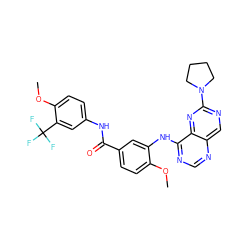 COc1ccc(C(=O)Nc2ccc(OC)c(C(F)(F)F)c2)cc1Nc1ncnc2cnc(N3CCCC3)nc12 ZINC000148070337