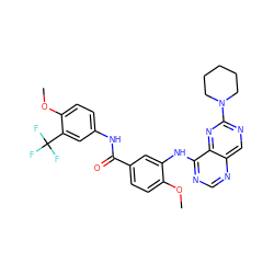 COc1ccc(C(=O)Nc2ccc(OC)c(C(F)(F)F)c2)cc1Nc1ncnc2cnc(N3CCCCC3)nc12 ZINC000148069828