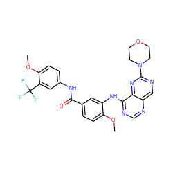 COc1ccc(C(=O)Nc2ccc(OC)c(C(F)(F)F)c2)cc1Nc1ncnc2cnc(N3CCOCC3)nc12 ZINC000148071023
