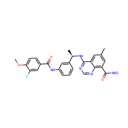 COc1ccc(C(=O)Nc2cccc([C@@H](C)Nc3ncnc4c(C(N)=O)cc(C)cc34)c2)cc1F ZINC000114347908