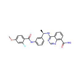 COc1ccc(C(=O)Nc2cccc([C@@H](C)Nc3ncnc4c(C(N)=O)cccc34)c2)c(F)c1 ZINC000114345822