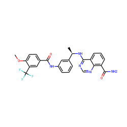 COc1ccc(C(=O)Nc2cccc([C@@H](C)Nc3ncnc4c(C(N)=O)cccc34)c2)cc1C(F)(F)F ZINC000114344237
