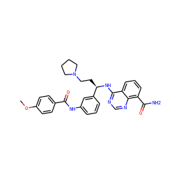 COc1ccc(C(=O)Nc2cccc([C@@H](CCN3CCCC3)Nc3ncnc4c(C(N)=O)cccc34)c2)cc1 ZINC000114347902