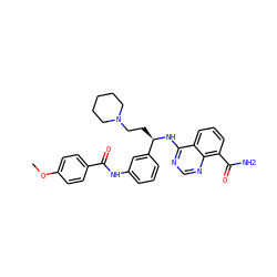 COc1ccc(C(=O)Nc2cccc([C@@H](CCN3CCCCC3)Nc3ncnc4c(C(N)=O)cccc34)c2)cc1 ZINC000114348680