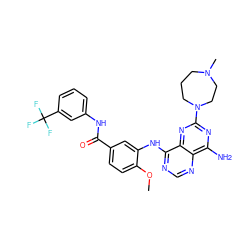 COc1ccc(C(=O)Nc2cccc(C(F)(F)F)c2)cc1Nc1ncnc2c(N)nc(N3CCCN(C)CC3)nc12 ZINC000148037561