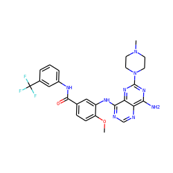 COc1ccc(C(=O)Nc2cccc(C(F)(F)F)c2)cc1Nc1ncnc2c(N)nc(N3CCN(C)CC3)nc12 ZINC000148037120