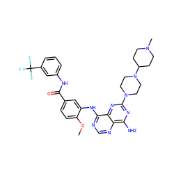 COc1ccc(C(=O)Nc2cccc(C(F)(F)F)c2)cc1Nc1ncnc2c(N)nc(N3CCN(C4CCN(C)CC4)CC3)nc12 ZINC000165255492