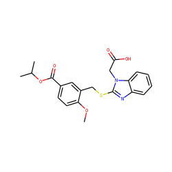 COc1ccc(C(=O)OC(C)C)cc1CSc1nc2ccccc2n1CC(=O)O ZINC000084654892
