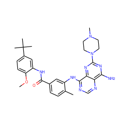 COc1ccc(C(C)(C)C)cc1NC(=O)c1ccc(C)c(Nc2ncnc3c(N)nc(N4CCN(C)CC4)nc23)c1 ZINC000148046359