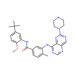 COc1ccc(C(C)(C)C)cc1NC(=O)c1ccc(C)c(Nc2ncnc3cnc(N4CCNCC4)nc23)c1 ZINC000148251929