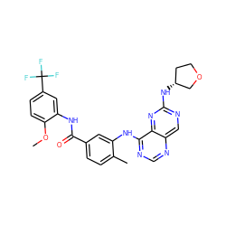 COc1ccc(C(F)(F)F)cc1NC(=O)c1ccc(C)c(Nc2ncnc3cnc(N[C@@H]4CCOC4)nc23)c1 ZINC000148252669