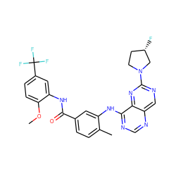COc1ccc(C(F)(F)F)cc1NC(=O)c1ccc(C)c(Nc2ncnc3cnc(N4CC[C@H](F)C4)nc23)c1 ZINC000148232113