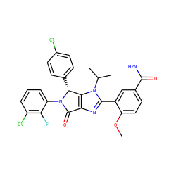 COc1ccc(C(N)=O)cc1-c1nc2c(n1C(C)C)[C@@H](c1ccc(Cl)cc1)N(c1cccc(Cl)c1F)C2=O ZINC000169705669