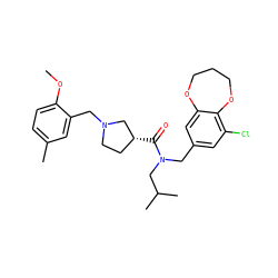 COc1ccc(C)cc1CN1CC[C@@H](C(=O)N(Cc2cc(Cl)c3c(c2)OCCCO3)CC(C)C)C1 ZINC000114099604