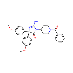 COc1ccc(C2(c3ccc(OC)cc3)N=C(N)N(C3CCN(C(=O)c4ccccc4)CC3)C2=O)cc1 ZINC000218673718