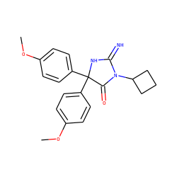 COc1ccc(C2(c3ccc(OC)cc3)NC(=N)N(C3CCC3)C2=O)cc1 ZINC000103243736