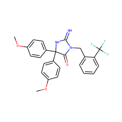 COc1ccc(C2(c3ccc(OC)cc3)NC(=N)N(Cc3ccccc3C(F)(F)F)C2=O)cc1 ZINC001772604672