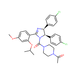 COc1ccc(C2=N[C@@H](c3ccc(Cl)cc3)[C@@H](c3ccc(Cl)cc3)N2C(=O)N2CCN(C(C)=O)CC2)c(OC(C)C)c1 ZINC000028467946