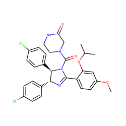 COc1ccc(C2=N[C@H](c3ccc(Cl)cc3)[C@@H](c3ccc(Cl)cc3)N2C(=O)N2CCNC(=O)C2)c(OC(C)C)c1 ZINC000015965747