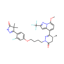 COc1ccc(C2=NN(CCCCOc3ccc(C4=NNC(=O)C4(C)C)c(F)c3)C(=O)C[C@H]2C)c2cc(C(F)(F)F)nn12 ZINC000095586782