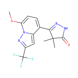 COc1ccc(C2=NNC(=O)C2(C)C)c2cc(C(F)(F)F)nn12 ZINC000084671871
