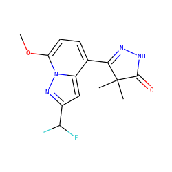 COc1ccc(C2=NNC(=O)C2(C)C)c2cc(C(F)F)nn12 ZINC000084672425