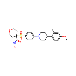 COc1ccc(C2CCN(c3ccc(S(=O)(=O)C4(C(=O)NO)CCOCC4)cc3)CC2)c(C)c1 ZINC000049034857