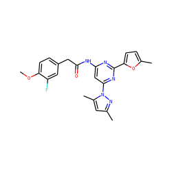 COc1ccc(CC(=O)Nc2cc(-n3nc(C)cc3C)nc(-c3ccc(C)o3)n2)cc1F ZINC000029127959