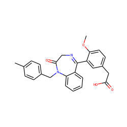 COc1ccc(CC(=O)O)cc1C1=NCC(=O)N(Cc2ccc(C)cc2)c2ccccc21 ZINC000084615176