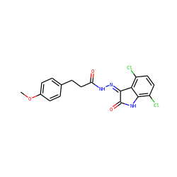 COc1ccc(CCC(=O)N/N=C2\C(=O)Nc3c(Cl)ccc(Cl)c32)cc1 ZINC000072180379