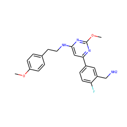 COc1ccc(CCNc2cc(-c3ccc(F)c(CN)c3)nc(OC)n2)cc1 ZINC000066112122