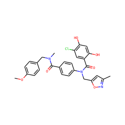 COc1ccc(CN(C)C(=O)c2ccc(N(Cc3cc(C)no3)C(=O)c3cc(Cl)c(O)cc3O)cc2)cc1 ZINC000653775799